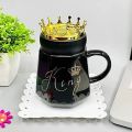 King Queen Crown Design Ceramic Mug With Crown Lid, Coffee Cup Gift For Anniversary & Birthday - Black. 