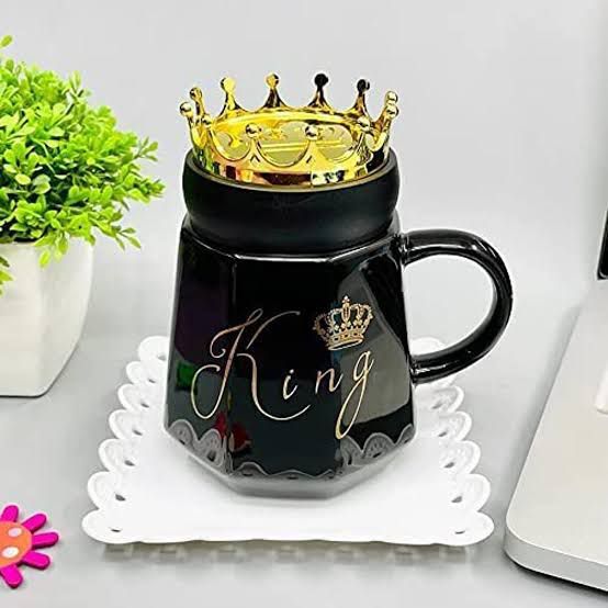 King Queen Crown Design Ceramic Mug With Crown Lid, Coffee Cup Gift For Anniversary & Birthday - Black