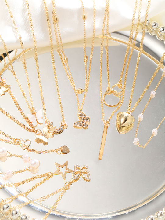 11%20Pcs%20Women's%20Zircon%20Necklace%20Set%20Gold%20Color%20Fashion%20Love%20Heart%20Butterfly%20Pendant%20Hypoallergenic%20Neck%20Chain%20Boho%20Jewelry%20%20-%20Image%202