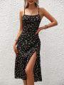 2024 Women Floral Print Spaghetti Straps Summer Boho Beach Dress Print Elegant  Suspenders Square Neck Slit Dress Vestidos. 