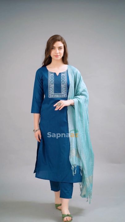 Women’s Cotton Blend Heavy Embroidered Kurta Set with Pant & Chanderi Dupatta By Sapnaaz Fashion