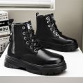 Men's high cut thick soled motorcycle work boots in autumn and winter, black leather shoes, men's mid cut trendy shoes. 