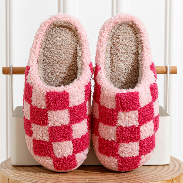 Fashion Retro Checker Women's Winter Warm Home Slippers Couple Indoor Bedroom Plush Anti-slip Soft Sole Leisure Shoes Men
