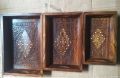 Wooden carving trays, brass designed wooden tray set, wooden serving tray set, gorgeous kitchenware item. 
