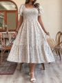 Plus Size Romantic Floral Print Square Neck Elastic Waist A-Line Hem Sleeve Long Dress for Women Holiday Casual Dress. 
