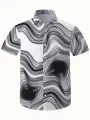 Men's Casual Hawaiian Vacation Abstract Striped Geometric Pattern Digital Print Single Breasted Pocket Lapel Short Sleeve Shirt. 