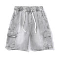 Retro Smoke Gray Cargo Denim Shorts Men's Knee Length Loose Jeans Big Pocket Design Elastic Waist Fashion Korean Casual Shorts.