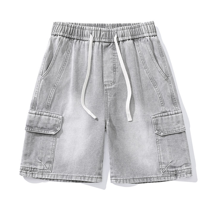Retro%20Smoke%20Gray%20Cargo%20Denim%20Shorts%20Men's%20Knee%20Length%20Loose%20Jeans%20Big%20Pocket%20Design%20Elastic%20Waist%20Fashion%20Korean%20Casual%20Shorts%20-%20Image%204