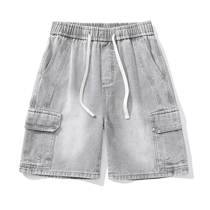 Retro%20Smoke%20Gray%20Cargo%20Denim%20Shorts%20Men's%20Knee%20Length%20Loose%20Jeans%20Big%20Pocket%20Design%20Elastic%20Waist%20Fashion%20Korean%20Casual%20Shorts%20-%20Image%204