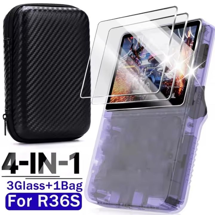 4 IN 1 Storage Case Game Console Travel Carrying Bag Screen Protectors Tempered Glass Film for R36S R36MAX K36 Accessories