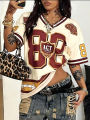 Plus size women's clothing 2025 new V-neck digital printed T-shirt pullover top essential for daily wear.