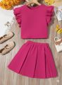 2pcs Girls Casual Ruffled Top And Skirt Set Dress. 