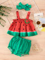 Baby Girl Watermelon Three-Piece Set: Suspender Dress, Shorts, Headband, Summer Cute Fruit-Themed Outfit. 