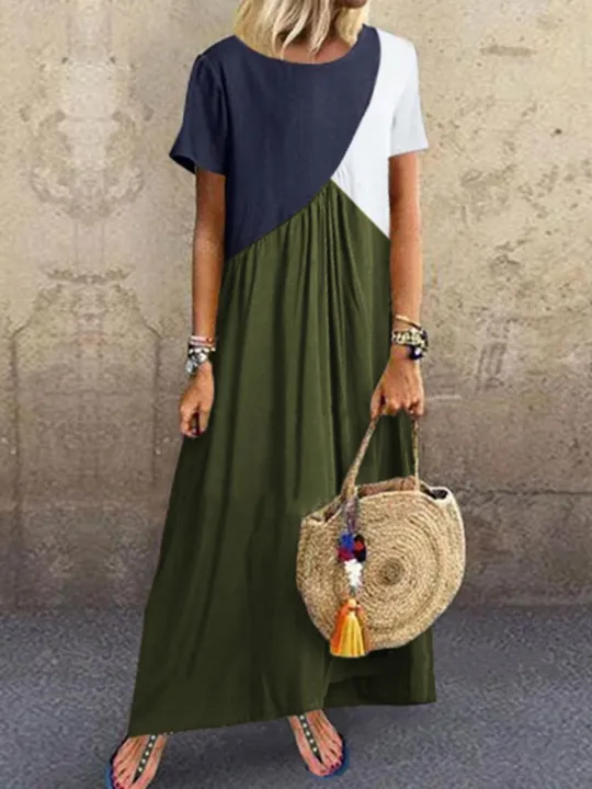 Women%20Dresses%20Long%20Maxi%20Dresses%20for%20women%20Vestidos%20Casual%20Dress%20Beach%20Patchwork%20Color%20Short%20Sleeve%20Loose%20Casual%20Plus%20Size%20Dress%20-%20Image%205