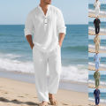 Linen Autumn New Men's Suit Beach Style Loose Casual Breathable V-Long Sleeve Henley Shirt with Straight-Leg Pants 2 Set. 