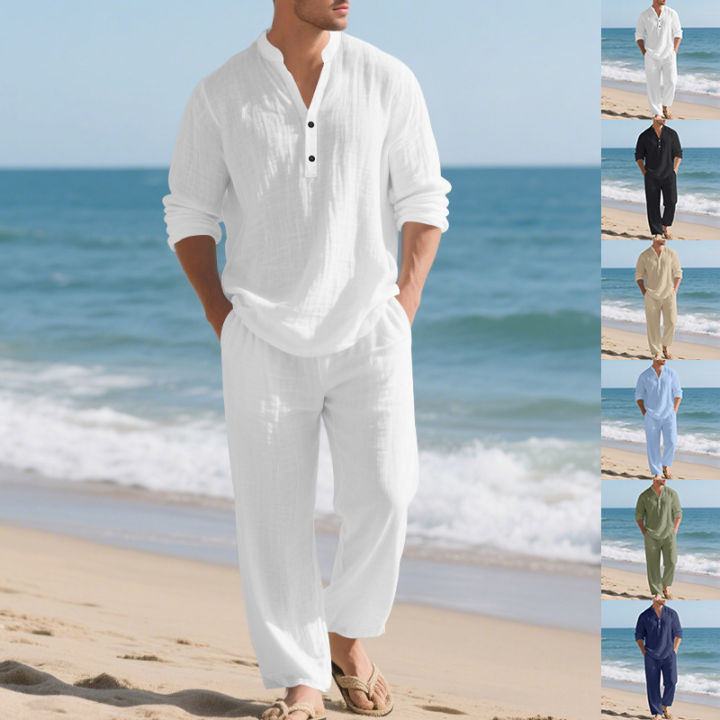 Linen Autumn New Men's Suit Beach Style Loose Casual Breathable V-Long Sleeve Henley Shirt with Straight-Leg Pants 2 Set