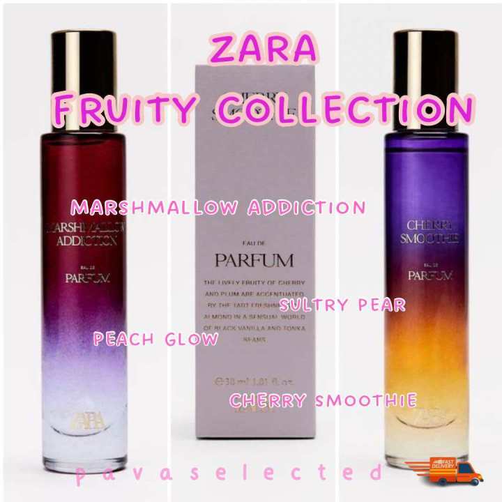 Zara Fruity Collection: Cherry Smoothies, Peach Glow, Marshmallow Addict, Fruity Scent, Sweet and Bright.