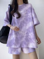New in Summer Women's Tie Dye Workmanship Sportswear Set Short Sleeve Loose Wide Leg Shorts Casual Outfit Simple Two Piece Set.