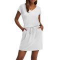 Women's Summer V-neck T-shirt Casual Short Sleeve Drawstring Dress With Pocket Solid Color Basic Loose Commute Skirt. 