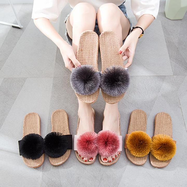 Linen%20Platform%20Slippers%20Women%20Home%20Hairball%20Designer%20Shoes%20Girls%20Fashion%20Casual%20House%20Elegant%20Slippers%20Flats%20Open%20Toe%20Indoor%20-%20Image%202