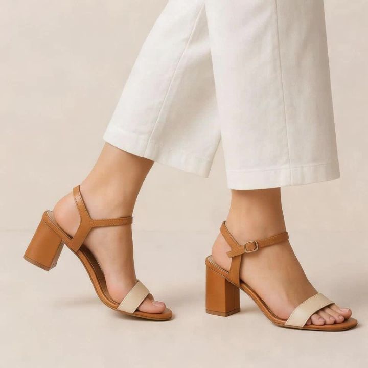 Women's Brown and Beige Block Heel Sandals Formal & Party Wear Heels