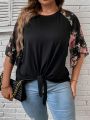 Women's Plus Size Floral Print Blouse, Casual Sheer Mesh Flare Sleeve Knot Front T-Shirt, Round Neck Loose Summer Top For Ladies.