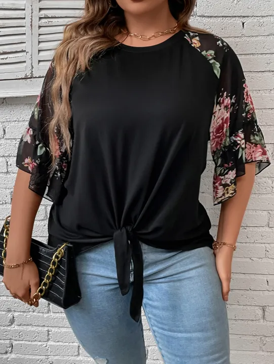 Women's%20Plus%20Size%20Floral%20Print%20Blouse,%20Casual%20Sheer%20Mesh%20Flare%20Sleeve%20Knot%20Front%20T-Shirt,%20Round%20Neck%20Loose%20Summer%20Top%20For%20Ladies%20-%20Image%204