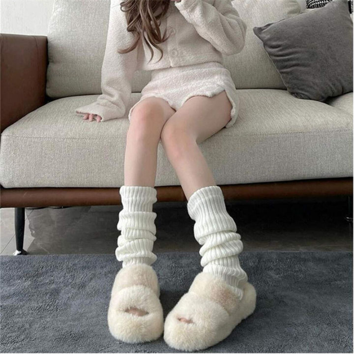 Winter Japanese College Style Retro Button Leg Warmer Women's Knitted Sock Cover white Long Pile Socks