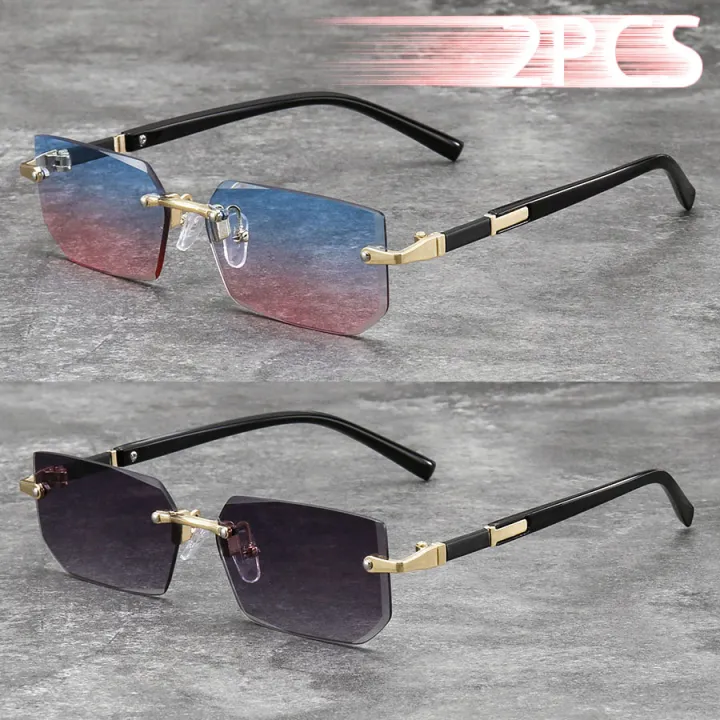 2PCS%20Metal%20Frame%20Colored%20Lenses%20for%20Women%20And%20Men%20Eyewear%20Unisex%20Luxury%20Fashion%20Sunglasses%20Rimless%20Rectangle%20Gradient%20Lens%20-%20Image%203