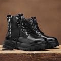 Men's high cut thick soled motorcycle work boots in autumn and winter, black leather shoes, men's mid cut trendy shoes. 