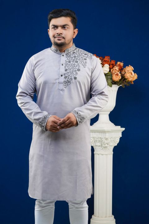 Fashionable Ash Color Embroidery Panjabi for man Stylish panjabi