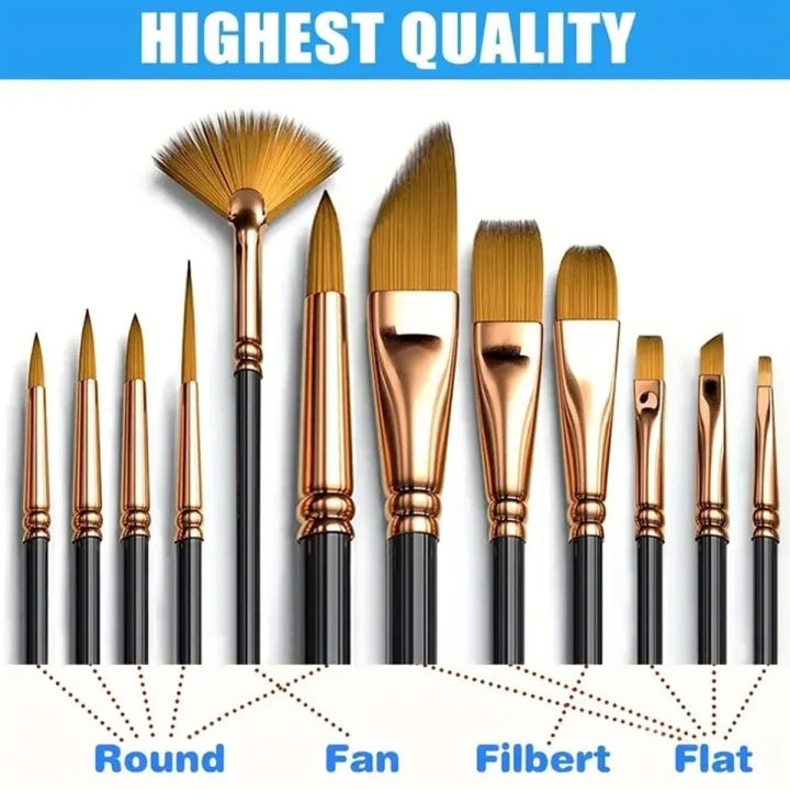 12Piece Nylon Bristle Brush Set, Nylon Flat Brushes Watercolor Brushes Oil Paint Brushes For