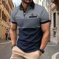 Men's Color Block Short Sleeve Golf Shirt with Chest Pocket - Perfect for Summer Casual Wear. 