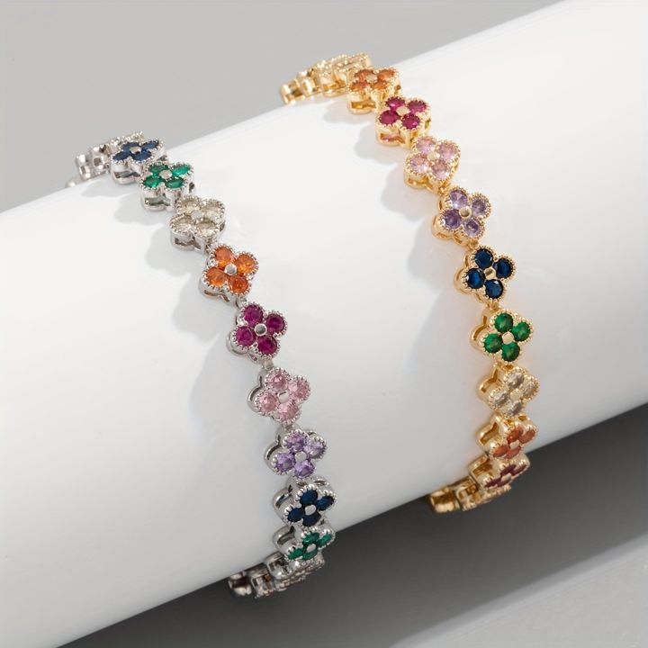 1pc Rainbow Colorful Clover Zircon Bracelet Fashion Charm Gorgeous Charm Exquisite Cute Sweet Shining Crystal Jewelry