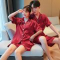 Solid Color Sleepwear Silk Satin Pajamas Couple Set Short-sleeved Pyjamas Suit Pijama Women Men Loungewear Plus Size Pj Set. 