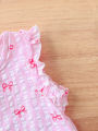 2pcs Summer Baby Girls Pink Gingham Bow Print Set, Ruffle Sleeveless Top + Shorts, Sweet Style, Daily/Outdoor Wear, 0-36M, Breat.