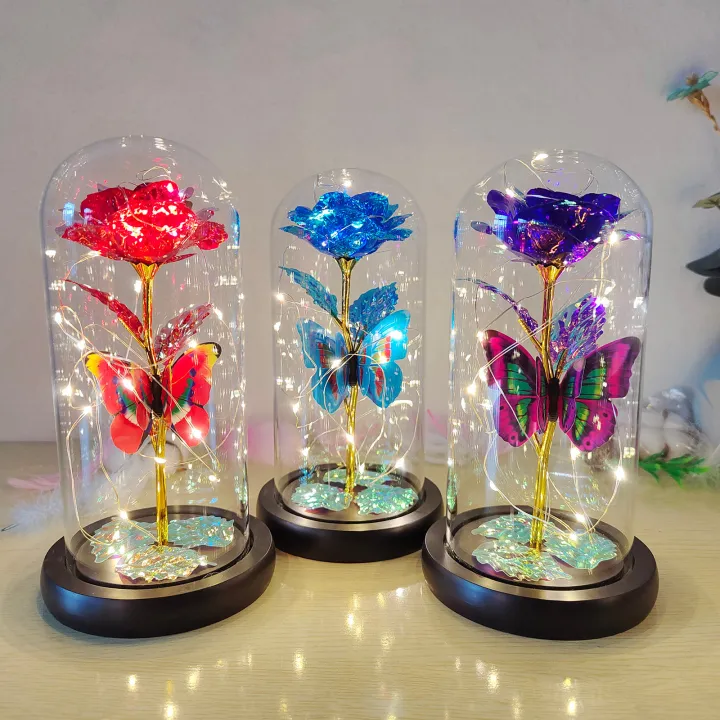 Small Roses That Flashlights Rose Light Artificial Galaxy Rose Lamp with Butterfly and Colorful LED ...