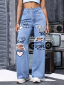 Women's High Waist Button Up Butterfly Print Jeans Fashion Casual Straight Pants for Women Spring Summer 2024 Chic Ripped Jeans. 