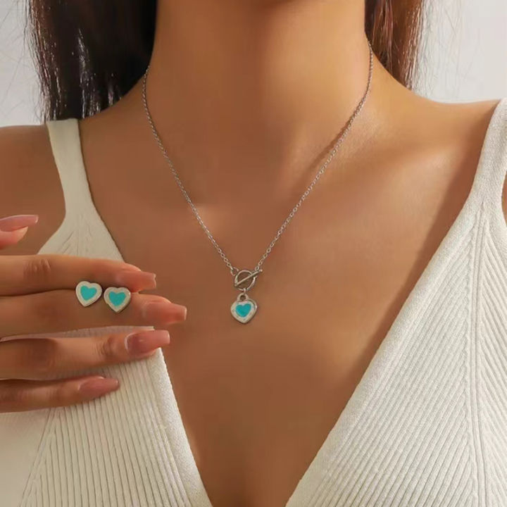 Fashion Blue Heart  OT Buckle Necklace Tiny Stud Earrings Set Women's Charming Delicate Silver Color Jewelry