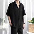 Jane Women's Fashion Shirts Korean Shirts Summer Ice Silk Shirt, 2-Piece Set, Men's Short Sleeve + Suit Pants Loose Black Shirt, Short Sleeves, Solid Color, Trendy Casual Suit Shirt.. 