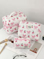1pc/set Cherry Bow Quilted Makeup Bag, Multifunctional Handheld Makeup Bag, Portable Toiletry Bag Set with Zipper.