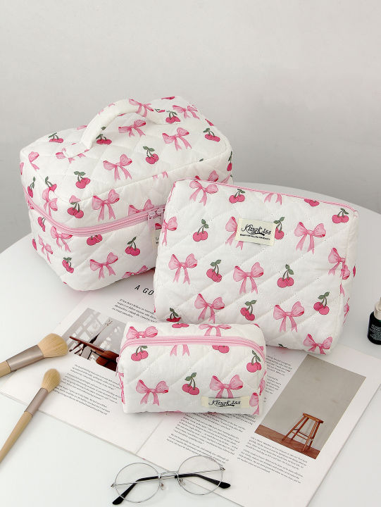1pc/set Cherry Bow Quilted Makeup Bag, Multifunctional Handheld Makeup Bag, Portable Toiletry Bag Set with Zipper