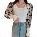 Casual Fashion Contrast Floral Full Sleeve Mesh Mock Neck Tee. 