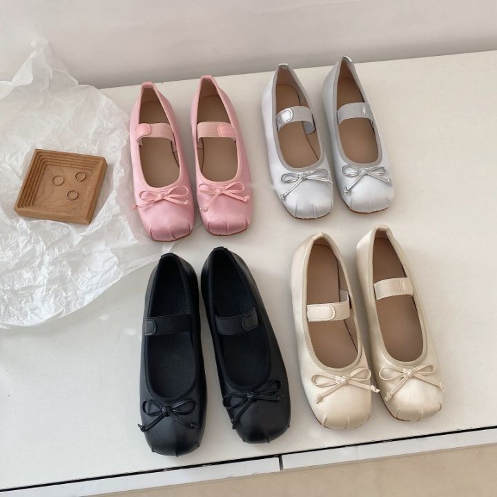 Luxury Satin Silk Ballet Shoes Woman Classic Square Toe Bowtie Elastic Band Ballerina Flats Ladies Soft Loafers