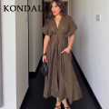 KONDALA 2026 Spring Summer Vintage Women Dress Fashion Single Breasted Sashes Draped V Neck Sleeveless Chic Brown Ladies Dresses. 
