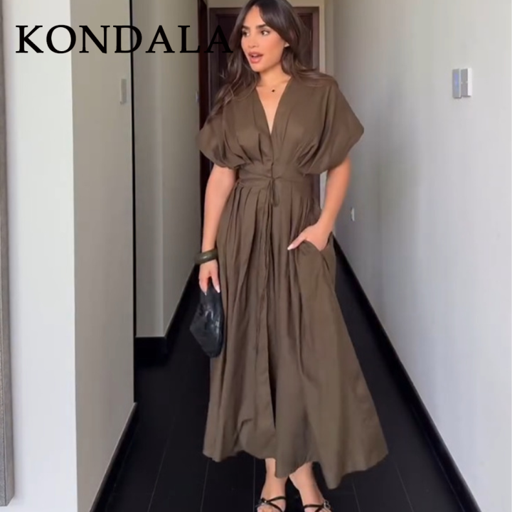 KONDALA%202026%20Spring%20Summer%20Vintage%20Women%20Dress%20Fashion%20Single%20Breasted%20Sashes%20Draped%20V%20Neck%20Sleeveless%20Chic%20Brown%20Ladies%20Dresses%20-%20Image%203