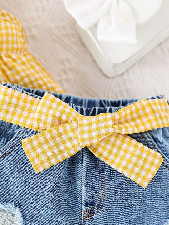 Summer%20Baby%20Girls%20Clothing%20Set%20&%20Denim%20Shorts%20Set%202-6Y%20%7C%20Yellow%20Plaid%20Ruffled%20Cami,%20Distressed%20Denim%20with%20Bow%20%7C%20Soft%20Breathable%20-%20Image%204