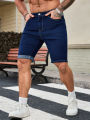 Men's Dark Blue Denim Shorts, Straight Fit Rolled Hem Jean Shorts. 