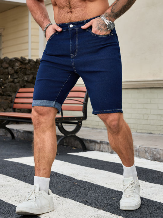 Men's%20Dark%20Blue%20Denim%20Shorts,%20Straight%20Fit%20Rolled%20Hem%20Jean%20Shorts%20-%20Image%207