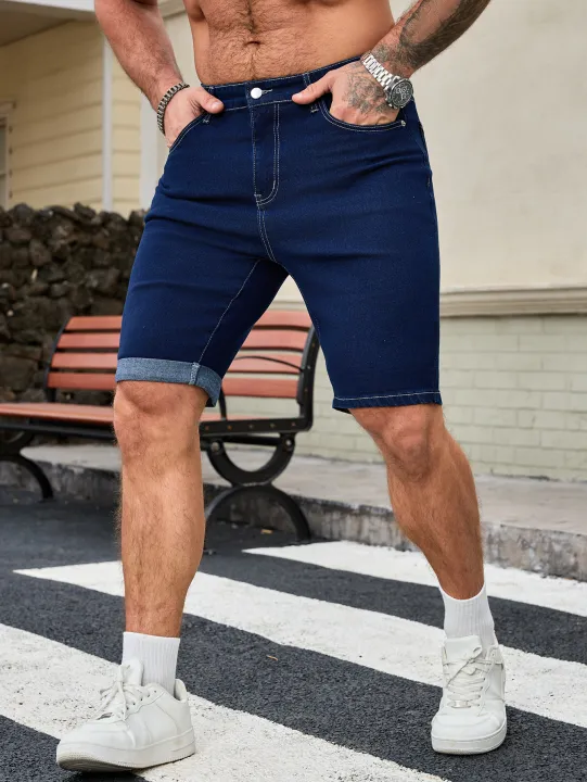 Men's%20Dark%20Blue%20Denim%20Shorts,%20Straight%20Fit%20Rolled%20Hem%20Jean%20Shorts%20-%20Image%207